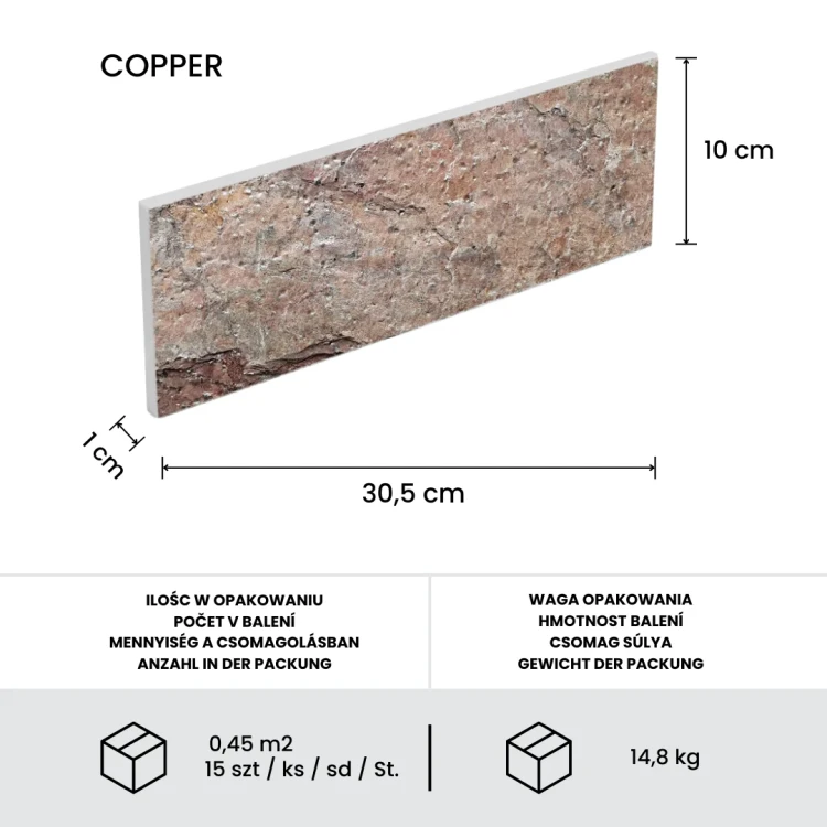 Kamień elewacyjny-dekoracyjny kwarcytowy Copper Brick 10x30