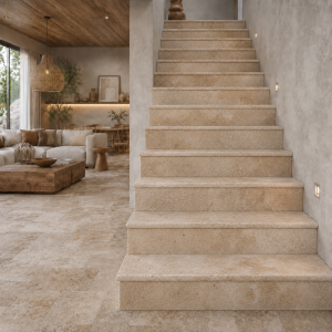 Trawertyn Stopnica | Kamień brzegowy Ivory Classic Mix Bębnowany Bullnose 135x35x3 cm