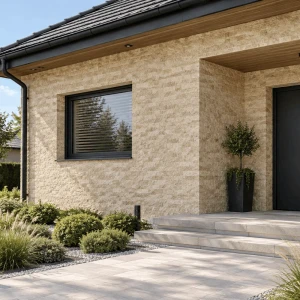 Kamień elewacyjny Limestone New Sunny Split Face 30x7 1,5 cm - wizualizacja AI