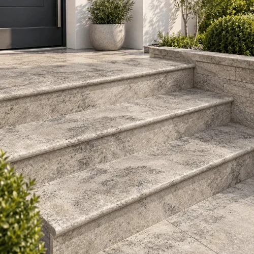 Trawertyn Parapet / Stopnica kamienna Silver Latte Bębnowany 135x33x2 cm Bullnose - wizualizacja AI